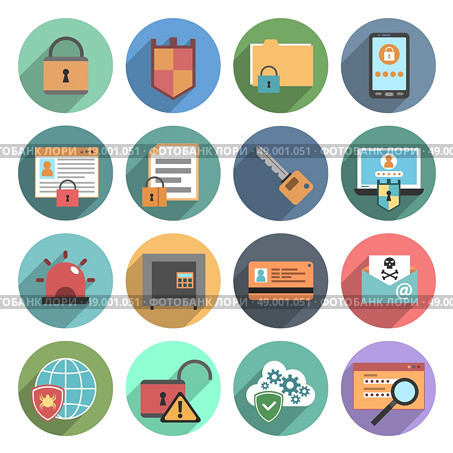 Internet technology computer protection software service flat icons set with safety symbols abstract round  isolated vector illustration. Computer security icons set flat round. Стоковая иллюстрация, агентство Ingram Publishing / Фотобанк Лори