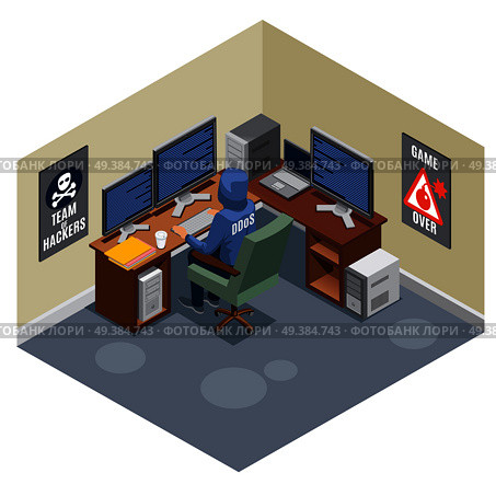 Internet threats isometric composition with anonymous hacker sitting at computer and activating virus attack vector illustration. Internet Threats Isometric Composition. Стоковая иллюстрация, агентство Ingram Publishing / Фотобанк Лори