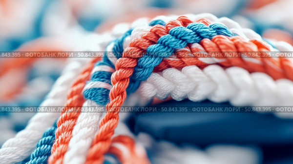 Intertwined Cordage: A Macro Study in Blue, Coral and White. Стоковое AI-изображение, AI-художник Данила Большаков / Фотобанк Лори