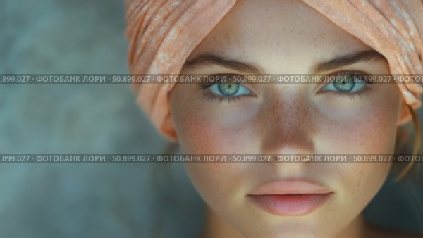 Intimate close-up of a woman with mesmerizing aqua eyes, a smattering of natural freckles, and a soft peach head covering. Стоковое AI-видео, аниматор Данила Большаков / Фотобанк Лори