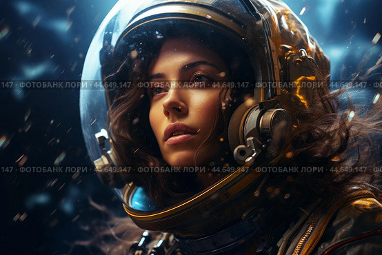 Intrepid female astronaut in space helmet. Стоковое AI-изображение, AI-художник Иван Рябоконь / Фотобанк Лори