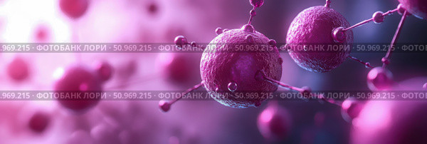 Intricate 3D rendering of abstract biological or molecular structures, featuring interconnected spherical entities in vibrant purple and pink hues, symbolizing medical science and research advancements. Стоковое AI-изображение, AI-художник Данила Большаков / Фотобанк Лори