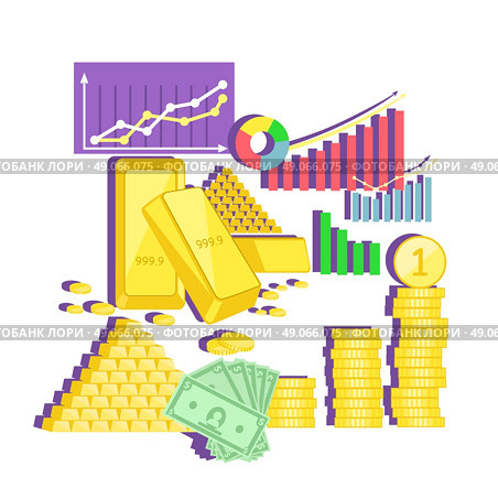 Invest in gold concept icon flat design. Finance investment money, business and coin currency, cash wealth, golden earning, rich and income, profit treasure, financial value account illustration. Стоковая иллюстрация, агентство Ingram Publishing / Фотобанк Лори