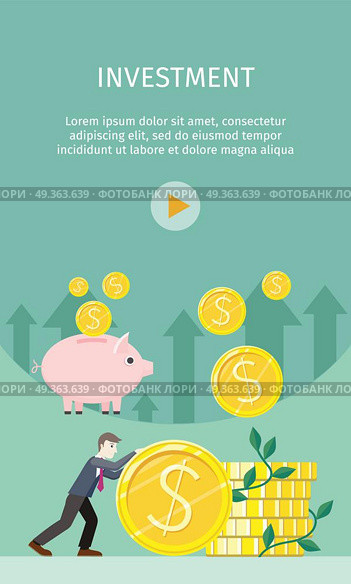 Investment Concept Flat Style Vector Illustration. Investment concept flat style vector. Smiling businessman rolls giant gold dollar coin near stack of money. Coins falling in piggybank. Increasing capital and profits. Wealth and savings growing. Стоковая иллюстрация, агентство Ingram Publishing / Фотобанк Лори