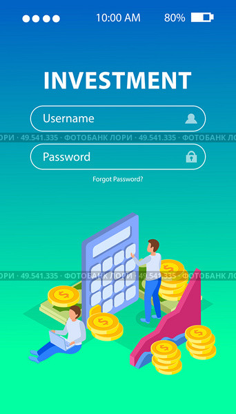 Investment isometric background for authorization page with fields for username and password coins diagrams and people vector illustration. Стоковая иллюстрация, агентство Ingram Publishing / Фотобанк Лори