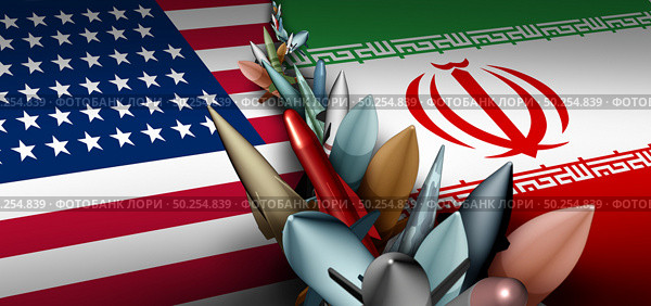 Iran US military crisis and armed confrontation or USA Iranian proxy war conflict with two opposing governments in a dispute as a persian gulf armed concept with 3D illustration. Стоковое фото, агентство Ingram Publishing / Фотобанк Лори