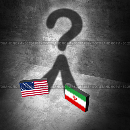 Iranian american questions as US military war tension conflict or United States middle east crisis concept as a security problem due to economic sanctions and nuclear deal dispute with 3D illustration elements. Стоковое фото, агентство Ingram Publishing / Фотобанк Лори