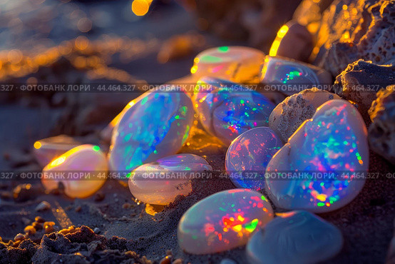 Iridescent seashells on sandy beach at sunset. Стоковое AI-изображение, AI-художник Иван Рябоконь / Фотобанк Лори