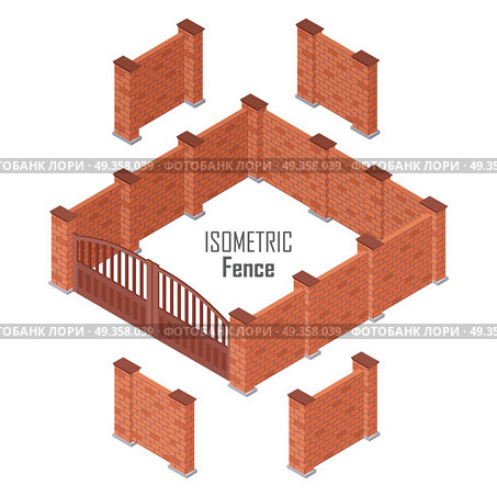 Iron Fence with Brick Columns Isolated on White. Iron fence with brick columns isolated on white. Gate with wicket in flat style design. Isometric projection. Metal gates, wrought iron, lattice gates and fences for yard. Vector illustration. Стоковая иллюстрация, агентство Ingram Publishing / Фотобанк Лори