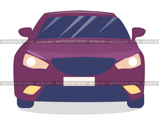Isolated purple modern automobile for quickly moving, front view. Vehicle of everyday using transport. Transportation, taxi. Comfortable auto for driving. Sedan or hatchback auto with tinted windows. Front view of purple modern car with turned on headlights, vehicle for everyday using, transport. Стоковая иллюстрация, агентство Ingram Publishing / Фотобанк Лори