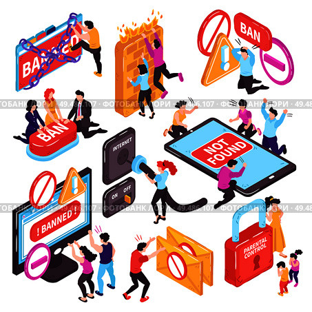 Isometric banned website prohibition set of isolated conceptual images with electronic devices pictogram icons and people vector illustration. Blocked Website Isometric Set. Стоковая иллюстрация, агентство Ingram Publishing / Фотобанк Лори