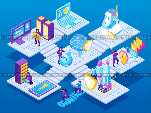 Isometric cybersecurity composition with pictograms and characters of cyber thieves with server racks computers and gadgets vector illustration. Стоковая иллюстрация, агентство Ingram Publishing / Фотобанк Лори