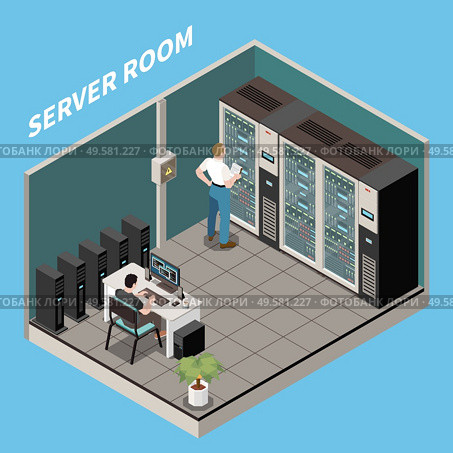 Isometric datacenter composition server room headline and engineers work in server room vector illustration. Стоковая иллюстрация, агентство Ingram Publishing / Фотобанк Лори