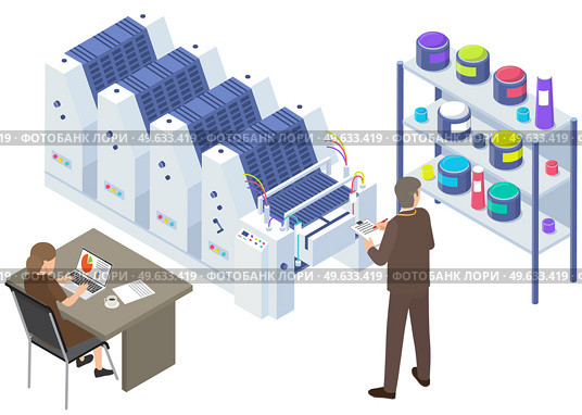 Isometric factory printer. People working with equipment and shelving with paints. Office or production technique. Technology for printing. Technique, printer, printing machine vector illustration. People working with equipment and shelving with paints. Office technique vector illustration. Стоковая иллюстрация, агентство Ingram Publishing / Фотобанк Лори