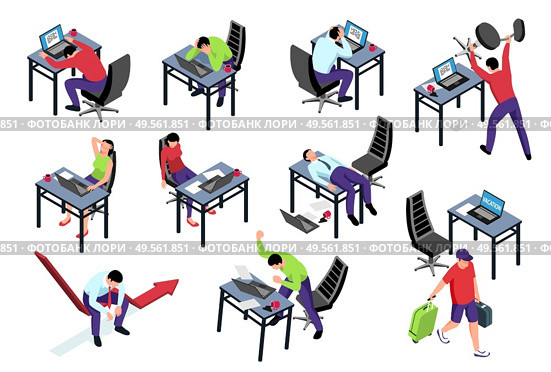 Isometric icons set with exhausted office workers suffering from professional burnout 3d isolated vector illustration. Стоковая иллюстрация, агентство Ingram Publishing / Фотобанк Лори