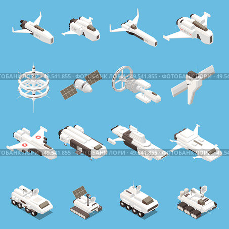 Isometric icons set with various space ships and stations isolated on blue background 3d vector illustration. Стоковая иллюстрация, агентство Ingram Publishing / Фотобанк Лори