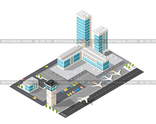 Isometric map of the city airport, the trees and the flight of construction and building, terminal, planes and cars vector illustration. Стоковая иллюстрация, агентство Ingram Publishing / Фотобанк Лори