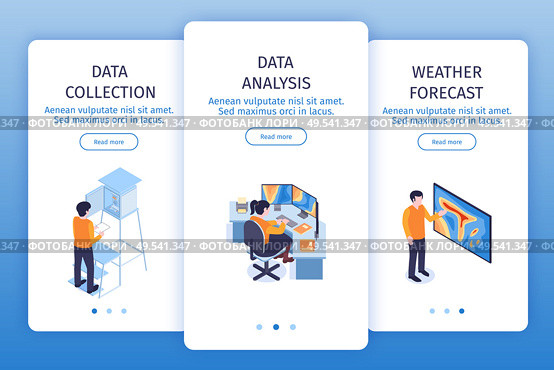 Isometric meteorological center vertical banners set with page switch buttons read more button text and images vector illustration. Стоковая иллюстрация, агентство Ingram Publishing / Фотобанк Лори