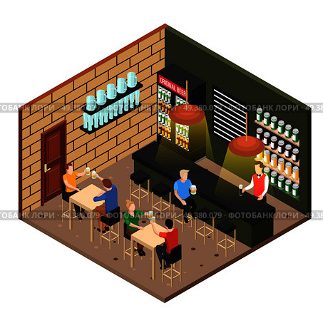 Isometric original beer shop interior and merry visitors clanging mugs 3d vector illustration. Isometric Beer Shop. Стоковая иллюстрация, агентство Ingram Publishing / Фотобанк Лори