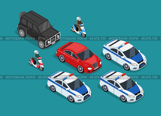 Isometric police motorcade car flat design. 3D police guard, motorcade escort, policeman on motorcycle, 3d cortege police car police protection, motorbike police patrol, transport famous safeguard. Стоковая иллюстрация, агентство Ingram Publishing / Фотобанк Лори