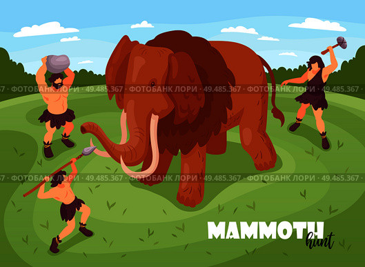 Isometric primitive people caveman hunting background composition with text and images of mammoth and ancient folks vector illustration. Стоковая иллюстрация, агентство Ingram Publishing / Фотобанк Лори