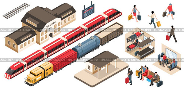 Isometric railway set with isolated images of trains with station buildings train carriage and waiting passengers vector illustration. Стоковая иллюстрация, агентство Ingram Publishing / Фотобанк Лори