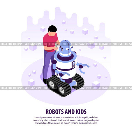 Isometric robots kids background with human character of teenage boy repairing robot crawler with editable text vector illustration. Стоковая иллюстрация, агентство Ingram Publishing / Фотобанк Лори