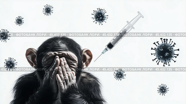 Испуганная обезьяна MPOX с клетками вируса оспы обезьян. Угроза пандемии вспышки Mpox, визуализация зоонозных заболеваний, примат и вирусный патоген, огромные токсичные бактерии, шприц, изолированный на белом фоне. Стоковое AI-изображение, AI-художник ФотоИнтеллект / Фотобанк Лори