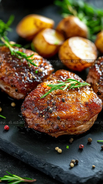 Изысканная утиная ножка-конфи с хрустящей корочкой и жареным картофелем для изысканного ужина. Стоковое AI-изображение, AI-художник ФотоИнтеллект / Фотобанк Лори