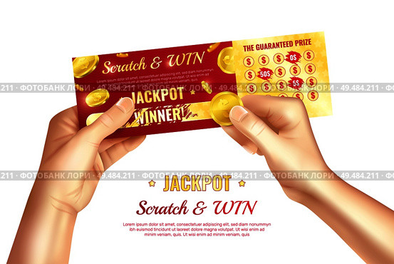 Jackpot advertising poster with scratch lottery card in human hands realistic vector illustration. Стоковая иллюстрация, агентство Ingram Publishing / Фотобанк Лори