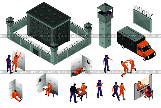 Jail isometric icons set of prison building surrounded by fence with barbed wire and towers and special truck for transport of prisoners and arrested vector illustration. Стоковая иллюстрация, агентство Ingram Publishing / Фотобанк Лори
