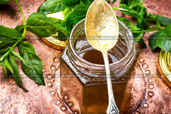 Jam from fresh spearmint. Aromatic curative jam from fresh mint leaves.Peppermint jelly. Стоковое фото, агентство Ingram Publishing / Фотобанк Лори