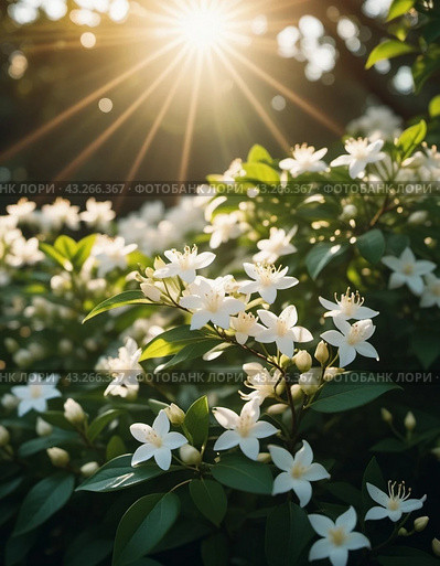 Jasmine Jasminum officinale in olive family of Oleaceae cultivated for tea fragrance. White flowers with yellow centers, blooming on a bush with green leaves. Sun shines brightly in background. AI. Стоковая иллюстрация, иллюстратор Юлия Петровская / Фотобанк Лори