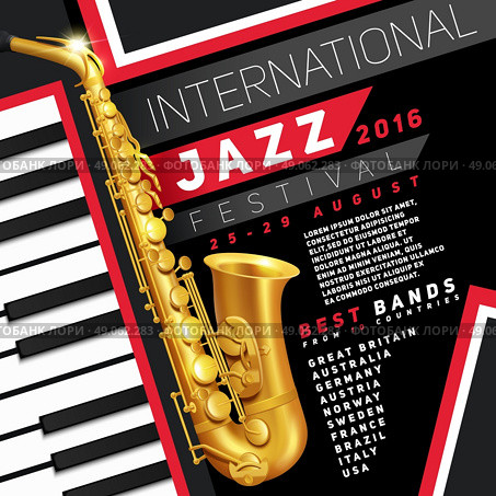 Jazz Festival Poster. Poster for jazz festival with golden saxophone and piano keys vector Illustration . Стоковая иллюстрация, агентство Ingram Publishing / Фотобанк Лори