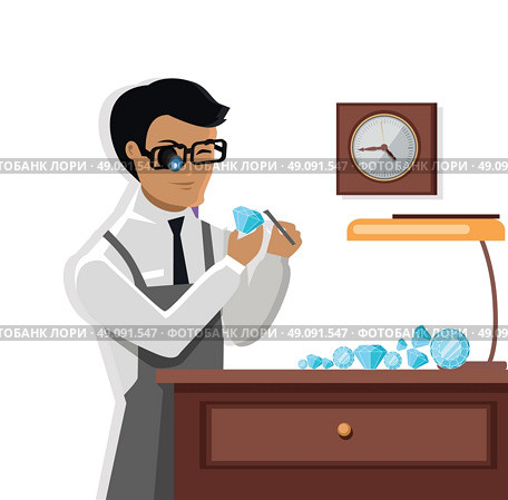 Jeweler Man Examines the Diamond. Jeweler man examines the diamond. Young jeweler glasses examines faceted diamond in the workplace in the lamplight flat style. Occupation person to work with precious stones. Vector illustration. Стоковая иллюстрация, агентство Ingram Publishing / Фотобанк Лори
