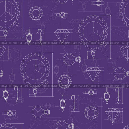 Jewelry Production Sketch Seamless Pattern.. Jewelry production sketch seamless pattern. Hand drawn sketch of ring, necklace, earrings, precious stone. Draft outline of diamond units collection. Project of brilliant elements. Vector. Стоковая иллюстрация, агентство Ingram Publishing / Фотобанк Лори