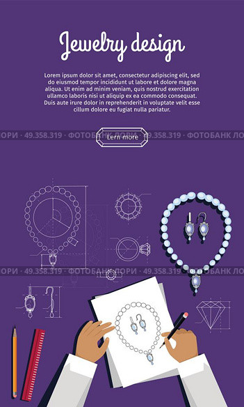 Jewerly Sketch Banner. Necklace and Earrings.. Jewerly production sketch banner. Jewelry designer works on hand drawn sketch of necklace and earrings. Draft outline of diamond unit design. Project of brilliant ornamental chain and earrings. Vector. Стоковая иллюстрация, агентство Ingram Publishing / Фотобанк Лори