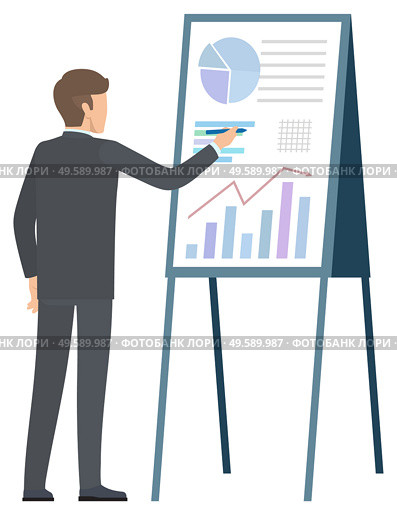 Join to our team concept, guy and investment trades, solution to rich benefit. Vector male analyzing financial graphs and charts on online screen. Join to Our Team Concept, Guy and Investment Trade. Стоковая иллюстрация, агентство Ingram Publishing / Фотобанк Лори