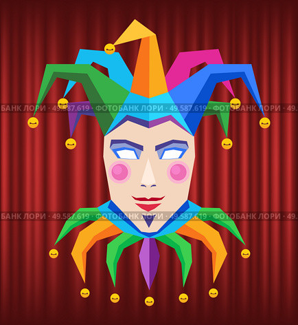 Joker card, symbol of gambling game, face of character with colorful hat with pompons. Laughing person, entertainment element, theatre sign vector. Laughing Character, Head with Colorful Hat Vector. Стоковая иллюстрация, агентство Ingram Publishing / Фотобанк Лори
