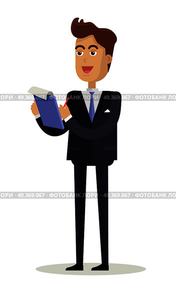 Journalist character vector. Cartoon in flat style design. Smiling man in business suite takes notes in notepad.  Illustration for business concepts, icons, infographics. Isolated on white background.. Man Character Vector Illustration in Flat Design. Стоковая иллюстрация, агентство Ingram Publishing / Фотобанк Лори