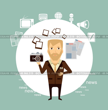 journalist photographs illustration. Flat modern style vector design . Стоковая иллюстрация, агентство Ingram Publishing / Фотобанк Лори