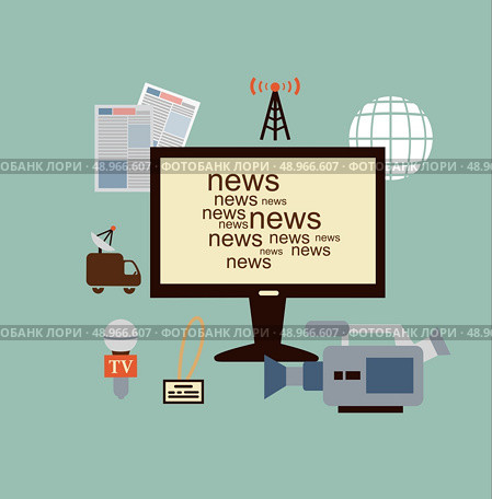 journalist says TV news illustration. Flat modern style vector design . Стоковая иллюстрация, агентство Ingram Publishing / Фотобанк Лори