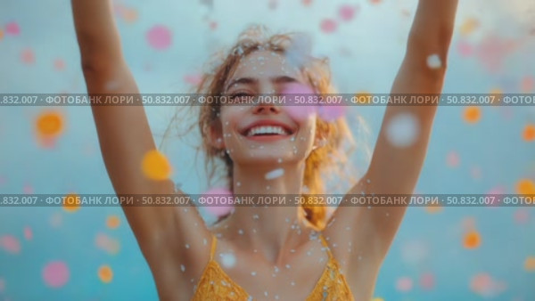 Joyful Celebration: A Woman Embraces Confetti. Стоковое AI-видео, аниматор Данила Большаков / Фотобанк Лори