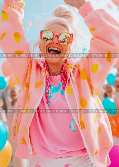 Joyful Celebration: Woman celebrating with arms raised amidst balloons and confetti, reflecting pure happiness. Стоковое AI-изображение, AI-художник Данила Большаков / Фотобанк Лори