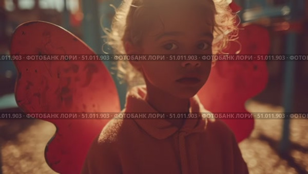 Joyful child with butterfly wings enjoys playful moments at a park in the golden hour. Стоковое AI-видео, аниматор Сергей Толмачёв / Фотобанк Лори