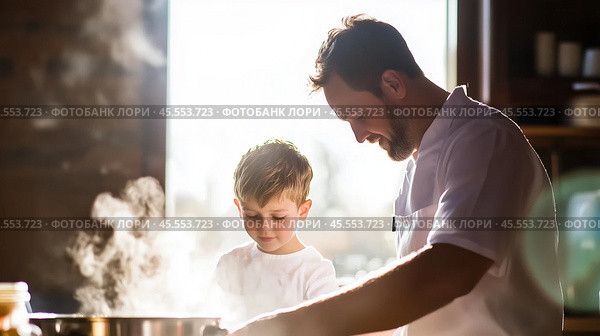 Joyful cooking moment between a father and son in a bright kitchen with steam rising from a pot. Стоковое AI-изображение, AI-художник Сергей Толмачёв / Фотобанк Лори