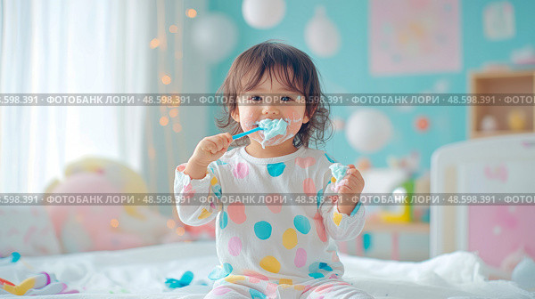 Joyful Toddler's First Toothbrushing Adventure: A Colorful Introduction to Oral Hygiene. Стоковое AI-изображение, AI-художник Данила Большаков / Фотобанк Лори