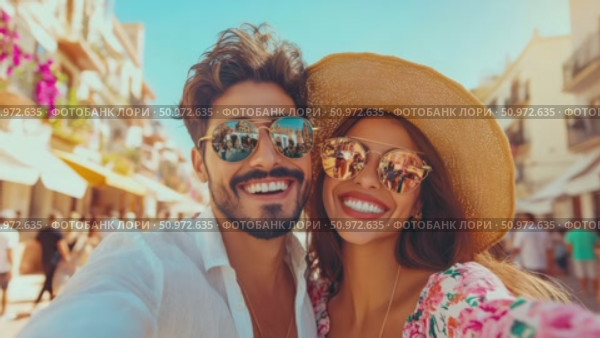 Joyful vacation selfie of a smiling couple with sunglasses reflecting a European townscape. Стоковое AI-видео, аниматор Данила Большаков / Фотобанк Лори