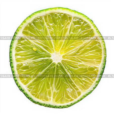 Juicy lime slice showing refreshing pulp and rind on white background. Стоковое AI-изображение, AI-художник Иван Рябоконь / Фотобанк Лори