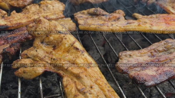 Juicy Pork Belly and Marinated Pork Steaks on the Grate of an Open Charcoal Grill. Стоковое видео, видеограф Sergakoff / Фотобанк Лори